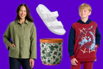 Women's jacket, kids Spider-man hoodie, floral planter and women's white sandals
