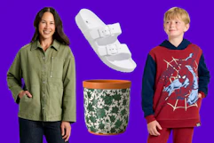 Women's jacket, kids Spider-man hoodie, floral planter and women's white sandals