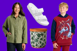 Women's jacket, kids Spider-man hoodie, floral planter and women's white sandals