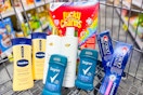 vaseline lotion, dove shampoo, degree deodorant, crest toothpaste, and lucky charms cereal in a cart