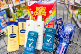 vaseline lotion, dove shampoo, degree deodorant, crest toothpaste, and lucky charms cereal in a cart