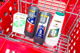 dove fifa body wash in a red shopping cart