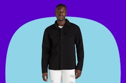 Male model wearing the black Lazer Men's Fleece Shacket