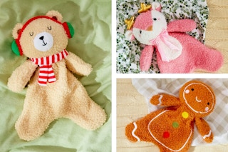 3 lifestyle images of the new Parent's Choice Holiday Lovey's