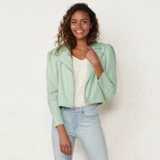 kohls Women's LC Lauren Conrad Puffed-Sleeve Moto Jacket lifestyle stock image 2021