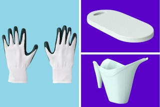 collage with garden tools on blue and purple backgrounds