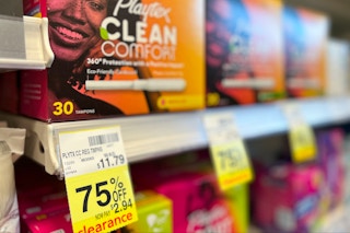 Box of Playtex tampons on shelf with 75% clearance tag underneath
