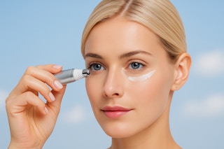 a woman using an under eye serum