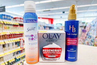 hair biology, olay, and secret products on a store counter