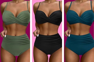 Three two-piece bathing suits with a twist bikini top and high waisted bottoms in olive, black, and teal