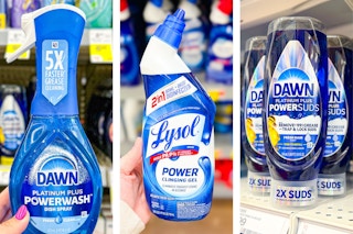 collage image of dawn powerwash, lysol toilet cleaner, and dawn powersuds