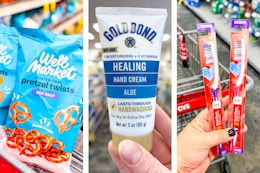 collage image of well market pretzels, gold bond hand cream, and cvs health toothbrushes