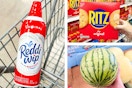 reddi wip, ritz crackers, and a seedless watermelon on a 3-photo collage