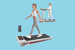 Two views of a white walking pad treadmill with incline. One has a standing desk in front of it.