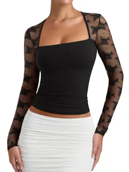 Women's Square Neck Lace Long Sleeve Top