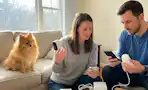 a couple unboxing arlo cameras near a pomeranian