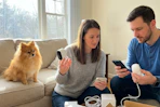 a couple unboxing arlo cameras near a pomeranian