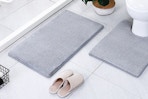 grey bathroom rug on floor