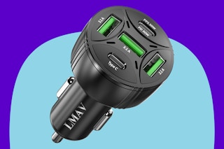 LMAV USB-C Car Charger Adapter on a blue background.