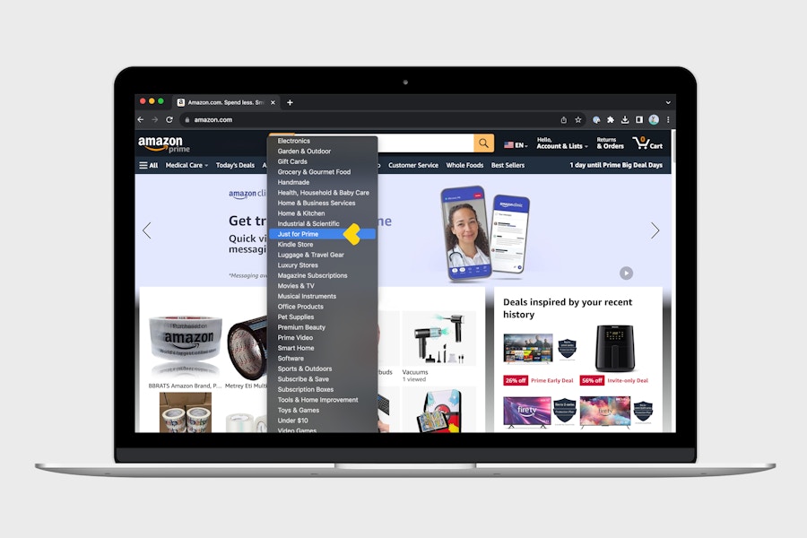 a laptop showing the Just For Prime department search filter on Amazon.com