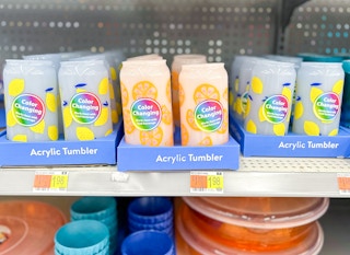 walmart color changing can tumblers in blue and orange on the shelf at the walmart store