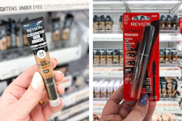 collage image of revlon mascara and concealer