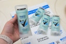 person holding Degree black+white deodorant over prime bag