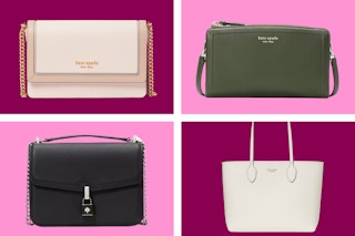 An array of different Kate Spade bestselling bags on a maroon and pink collage background. 