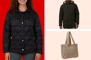 32 Degrees jacket, coat, and tote bag on a red and cream collage background. 