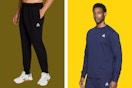 black reebok jogger pants and blue reebok sweatshirt