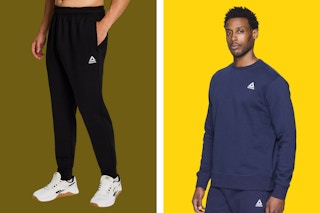 black reebok jogger pants and blue reebok sweatshirt