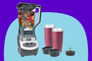 Ninja BL660 Professional Compact Smoothie & Food Processing Blender on a blue background.