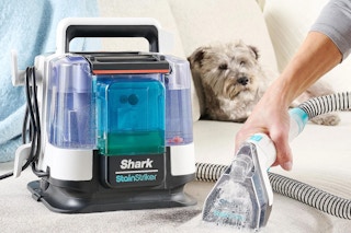 a carpet cleaner cleaning a carpet next to a dog