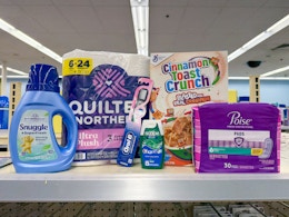 crest oral-b snuggle quilted northern poise cinnamon toast crunch items on walgreens shelf
