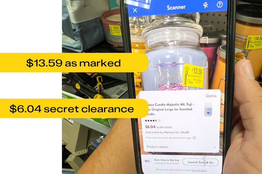 an image of a woman scanning a walmart hidden clearance item that's cheaper than marked. The price tag says $13.59 but it's actually $6.04