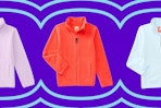 kids fleece jacket in orange, blue, and lilac