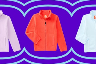 kids fleece jacket in orange, blue, and lilac