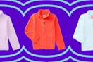 kids fleece jacket in orange, blue, and lilac