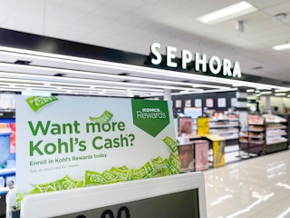Sign for Kohls cash in front of Sephora part of Kohls