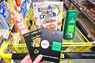 dollar general shopping cart with gift cards and groceries