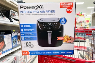 PowerXL Vortex Pro Air Fryer package on a Target shelf