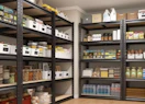 storage shelves in a pantry with food 