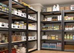 storage shelves in a pantry with food 