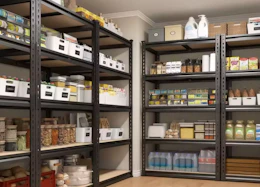 storage shelves in a pantry with food 
