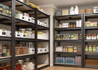 storage shelves in a pantry with food