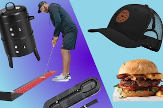 products for Father's Day including a smoker, putting mat, and hat