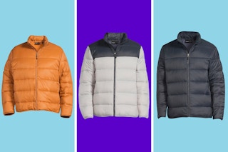 Three Swiss Tech men's puffer jackets in split-box blue template