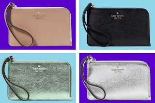 Tan, green, black, and silver wristlets on a purple and blue collage background. 