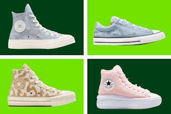 Converse sale shoes on a dark and light green collage background. 