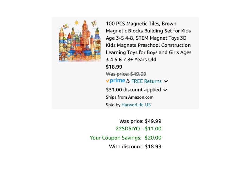 An Amazon cart showing $31 in discounts on a magnetic tile set
